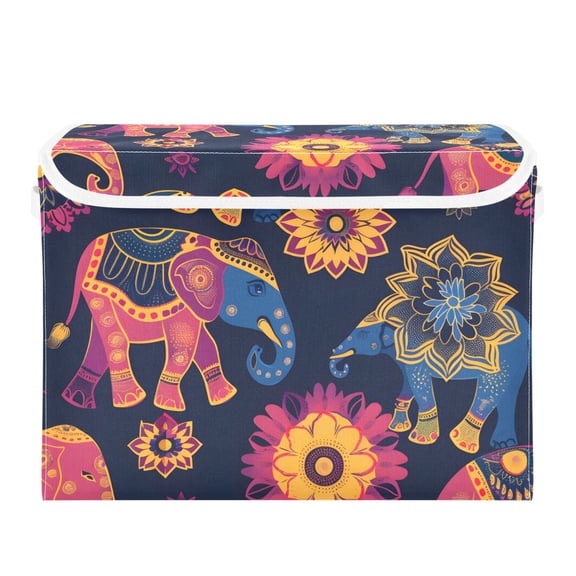 Asian Pattern with Elephants Foldable Storage Bin with Lid and Handle Collapsible Storage Box 16.5 x 12.6 x 11.8 inches