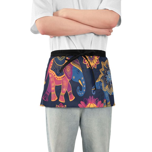 Asian Pattern with Elephants Short Server Apron with 3 Pockets for Unisex Chef Gardening