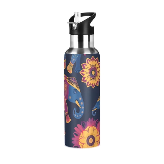 Asian Pattern with Elephants Sports Bottle with Straw Stainless Steel Water Jug Portable Thermal Cup Leak-proof 600ML