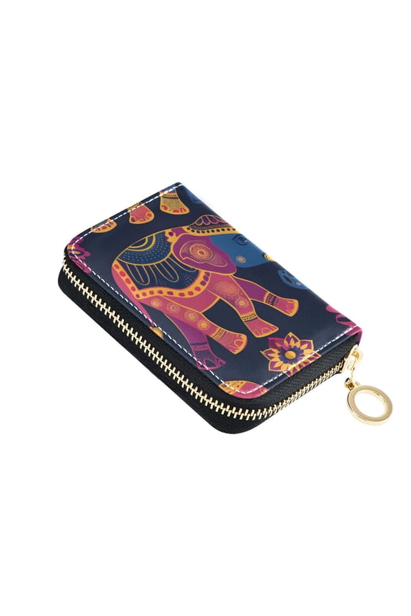 Asian Pattern with Elephants Women's Credit Card Holder PU Leather Zipper Wallet RFID Blocking
