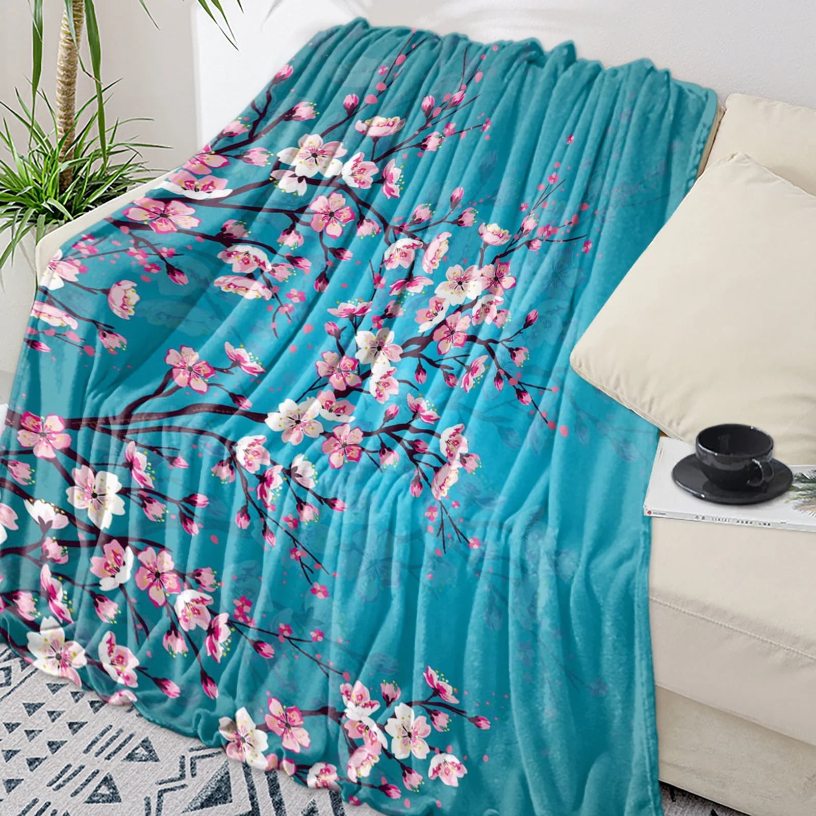 Asian pink cherry blossom throw blanket portable warm blanket blankets