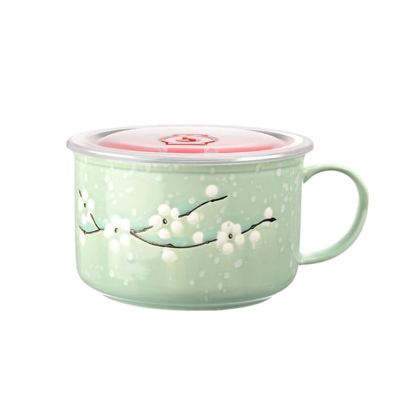 Asian Porcelain Noodle Bowls with Lid Japanese Style Microwavable Ceramic Ramen Bowl with Lid (Green)