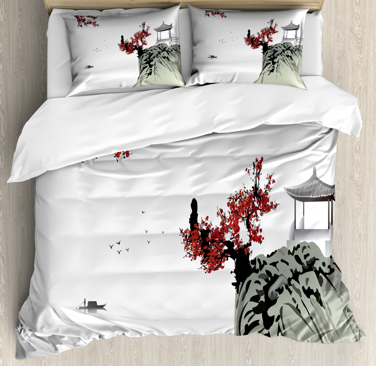 Asian River Scenery Queen Duvet Cover Set with Cherry Blossoms