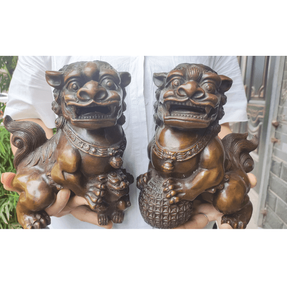 Asian Red Copper Evil Fu Foo Dog Lion Statue Pair Signed,Old Antiques Chinese Bronze Fu Foo Dog Guardian Lion Statues,Marked FengShui wealth