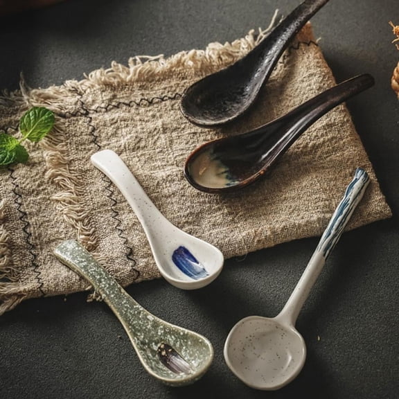 Asian Retro Ceramic Soup Spoons Long Handle Japanese Pho Ramen Spoons