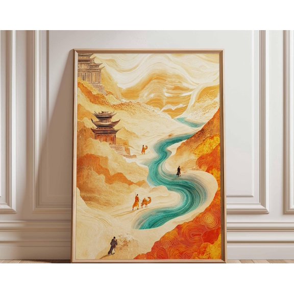 Asian River Landscape Orange Gold Temple Wall Art Print, Unframed Paper Poster 24x36in