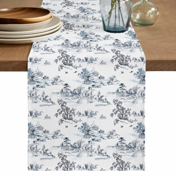 Asian Short Table Runner 36 Inches Long,Oriental Chinese Traditional Ink Painting Natural Cotton Linen Table Runners Dresser Scarves,Tabletop Scarf Furniture Cover for Home Dinner Party 13"x36"