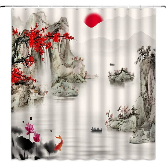 Asian Shower Curtain Red Plum Bossom Branch Sun Mountain Koi Fish Oriental Art Traditional Japanese Ink Painting Landscape Fabric Bathroom Decor Set with Hooks(36" WX70 H)