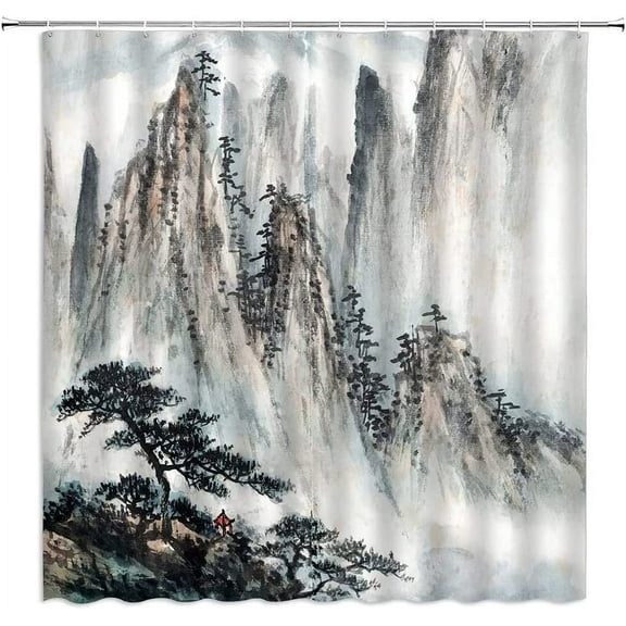 Asian Shower Curtain Watercolor Mountain Japanese Themed Ink Painting Pine Tree Chinese Traditional Scenery Oriental Art Landscape Fabric Bathroom Decor Set with Hooks(36" WX70 H)