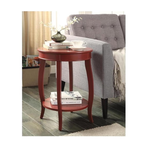 Asian Side Table - 24" High Round Accent Table with Shelf - Red