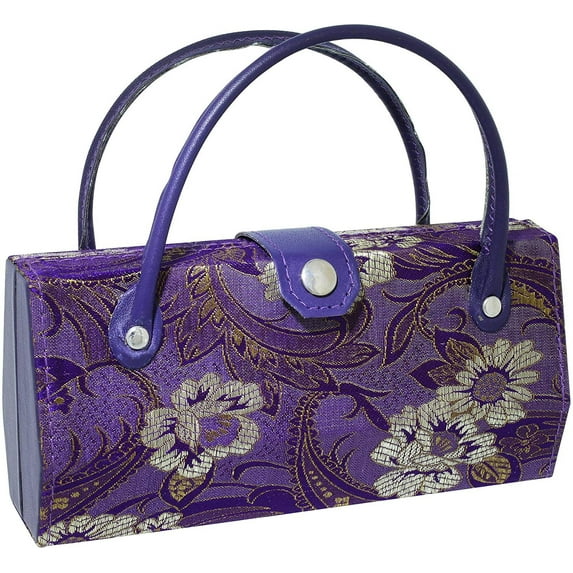Asian Silk Brocade Style Eyeglass Case Mini Handbag Design Inner Mirror Purple