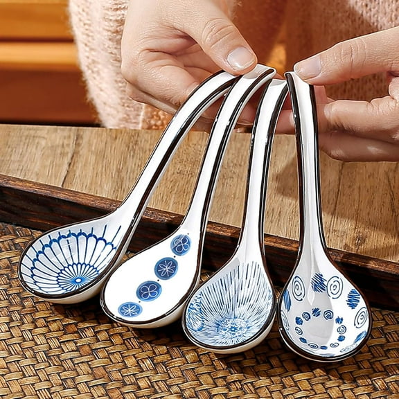 Asian Soup Spoon Set of 4, Ceramic Soup Spoons, 6.5 inch Soup Spoon Set with Long Handle Non-slip Bottom, Japanese Soup Spoons for Pho, Ramen, Chinese Wonton, Noodle Soup Spoons