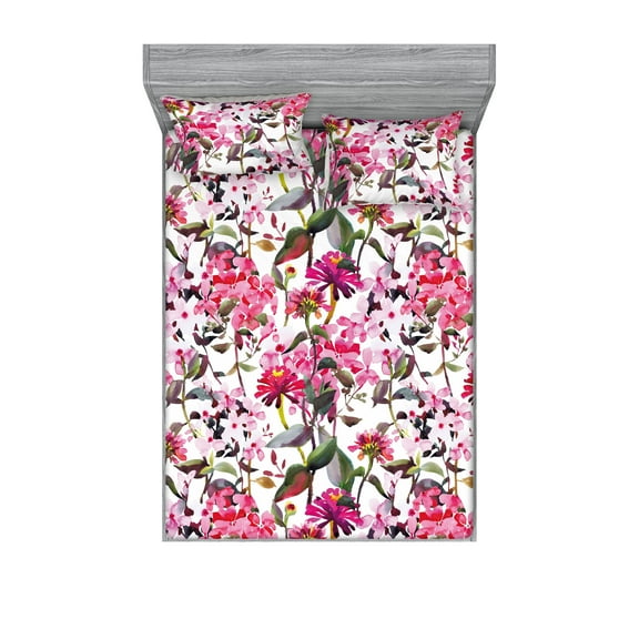 Asian Spring Fitted Sheet & Pillow Sham Set, Watercolor Sakura Cherry Blossom Pattern Romantic Feels Artwork, Decorative Printed 3 Piece Bedding Decor, Full, Pastel Pink Peacock Green, by Ambesonne