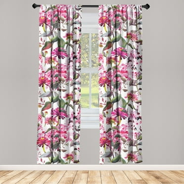 Asian Spring Window Curtains, Watercolor Sakura Cherry Blossom Pattern Romantic Feels Artwork, Lightweight Decor 2-Panel Set with Rod Pocket, Pair of - 28"x63", Pastel Pink Peacock Green, by Ambesonne