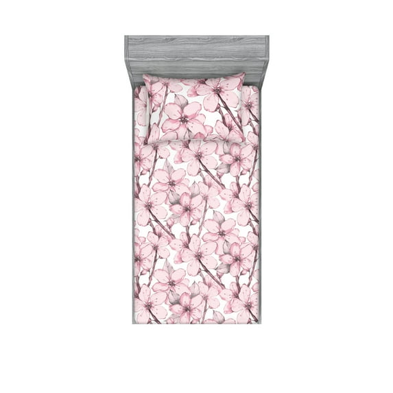 Asian Springtime Fitted Sheet & Pillow Sham Set, Japanese Feelings Cherry Blossom Pattern Neutral Colors Boho Art, Decorative Printed 2 Piece Bedding Decor, Twinxl, Blush Eggplant White, by Ambesonne