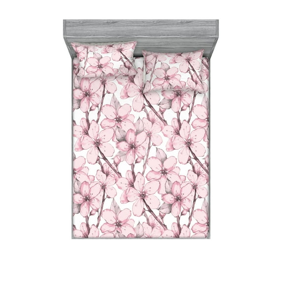 Asian Springtime Fitted Sheet & Pillow Sham Set, Japanese Feelings Cherry Blossom Pattern Neutral Colors Boho Art, Decorative Printed 3 Piece Bedding Decor, Calking, Blush Eggplant White, by Ambesonne