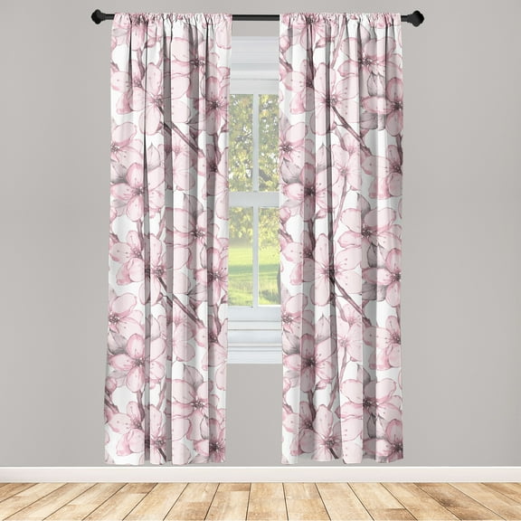 Asian Springtime Window Curtains, Japanese Feelings Cherry Blossom Pattern Neutral Colors Boho Art, Lightweight Decor 2-Panel Set with Rod Pocket, Pair of - 28"x63", Blush Eggplant White, by Ambesonne