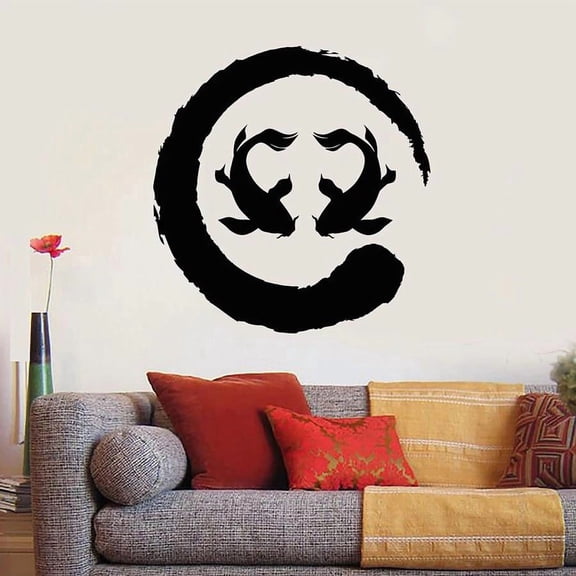Asian Style Wall Decal Two Koi Fish Circle Enso Zen Symbol Door Window Vinyl Stickers Meditation Room Bedroom Home Decor 74x76cm