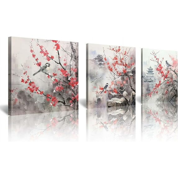 Asian Style Watercolor Traditional Chinese Wall Art Bird On Red Cherry Blossom Branch Decor Oriental Floral Landscape Painting Flower Ink Style Framed for Living Room Bedroom Bathroom Home Decor