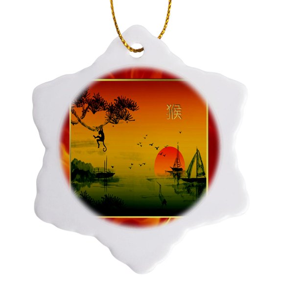 3drose, Asian Sunset, Monkey, Tree, Boats, Birds, Sign of the Monkey, 3 inch Snowflake Porcelain Ornament