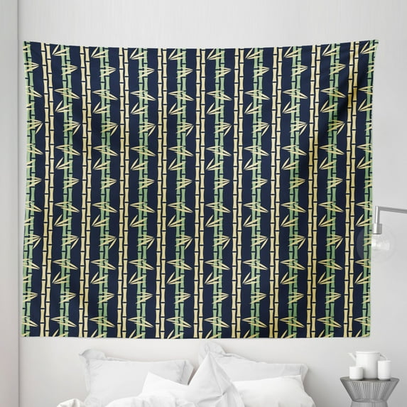 Asian Tapestry, Bamboo Stalks Japanese Forest Foliage Orderly Repeated Pattern of Artwork, Fabric Wall Hanging Decor for Bedroom Living Room Dorm, 5 Sizes, Dark Blue and Beige, by Ambesonne