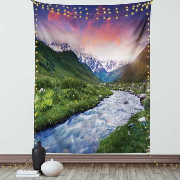 Asian Tapestry, Colorful Overcast Sky Skirts Mt. Shkhara Svaneti Georgia Caucasus Mountains, Wall Hanging for Bedroom Living Room Dorm Decor, 40W X 60L Inches, Fern Green Baby Blue, by Ambesonne