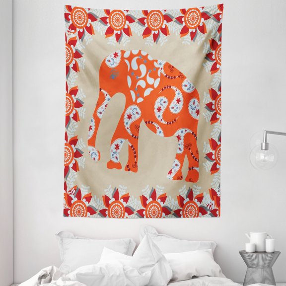 Asian Tapestry, Elephant in Paisley Floral Drawing Ethnic Eastern Style Traditional Ornament, Wall Hanging for Bedroom Living Room Dorm Decor, 60W X 80L Inches, Orange Red White, by Ambesonne