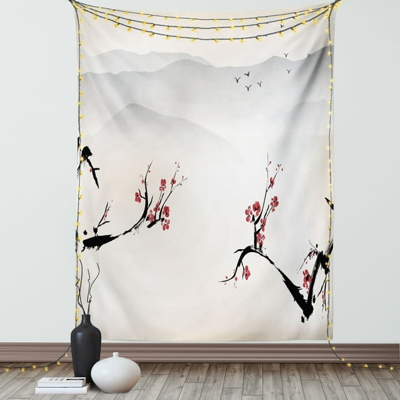 Asian Tapestry, Japanese Nature Landscape National Sakura Flower over Himalayas and Flying Gulls, Wall Hanging for Bedroom Living Room Dorm Decor, 40W X 60L Inches, Beige Red Black, by Ambesonne