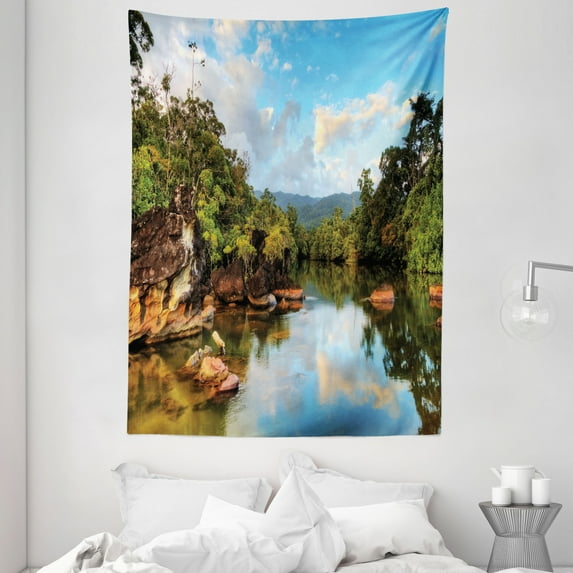 Asian Tapestry, View of the Tropical Jungle River at the Beach of Masoala National Park in Madagascar, Wall Hanging for Bedroom Living Room Dorm Decor, 60W X 80L Inches, Multicolor, by Ambesonne