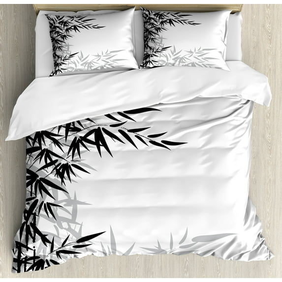 Asian Themed Duvet Cover Set, Asian Boho Feel Monochrome Leaf Silhouettes Autumnal Themed Dark Leaves, Decorative 3 Piece Bedding Set with 2 Pillow Shams, King Size, White and Black, by Ambesonne