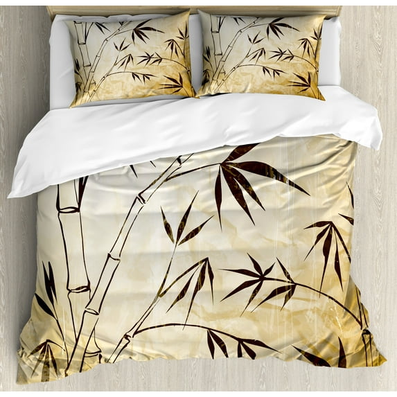 Asian Themed Duvet Cover Set, Gradient Color Inspired Leaves and Root Structure Look Travelers Print, Decorative 3 Piece Bedding Set with 2 Pillow Shams, Queen Size, Brown and Cream, by Ambesonne
