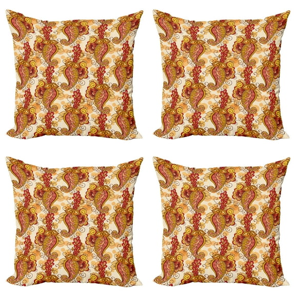 Ambesonne Floral Throw Pillow Cover 4 Pack, Ornate Paisley, 16", Orange Yellow and Red