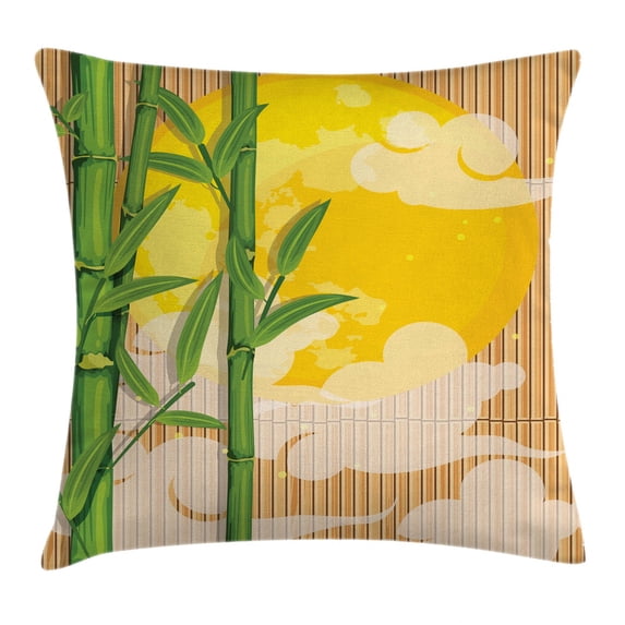 Asian Throw Pillow Cushion Cover, Bamboo Tree Branches Full Moon and Abstract Curvy Clouds Stars Eastern, Decorative Square Accent Pillow Case, 20 X 20 Inches, Yellow Green Light Brown, by Ambesonne