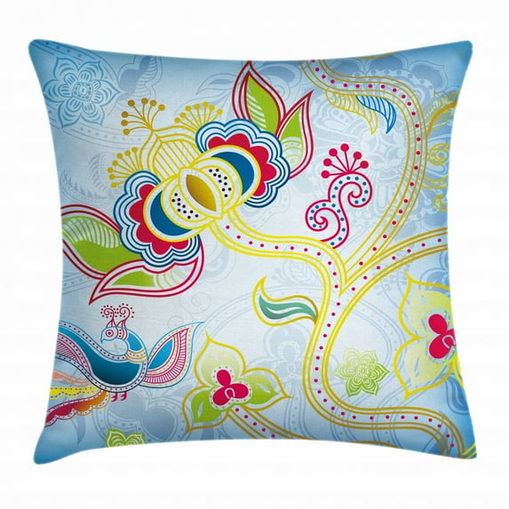 Asian Throw Pillow Cushion Cover, Colorful Floral Far Eastern Art Motifs Swirled Lines Dots and Phoenix Bird Figure, Decorative Square Accent Pillow Case, 20 X 20 Inches, Multicolor, by Ambesonne