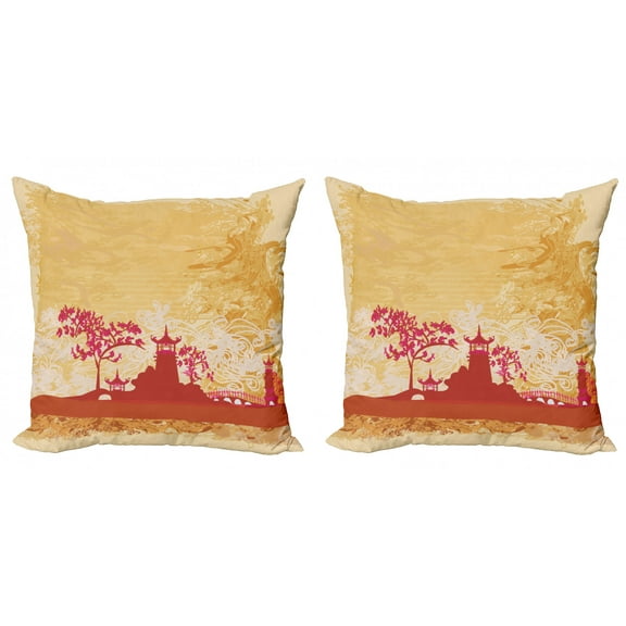 Ambesonne Floral Throw Pillow Cover 2 Pack, Far Eastern Scenery View, 18", Persian Orange and Pink