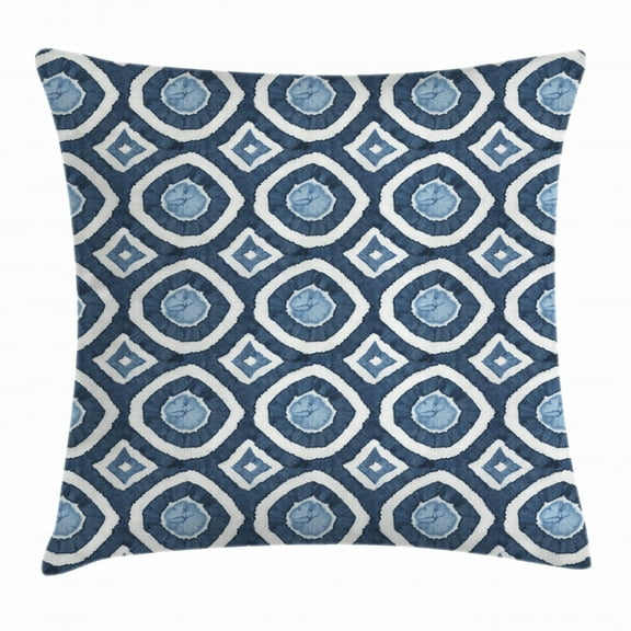Asian Throw Pillow Cushion Cover, Shibori Dyeing Style Ikat with Eastern Design Circles Diamond Shapes, Decorative Square Accent Pillow Case, 24 X 24 Inches, Night Blue and Pale Blue, by Ambesonne