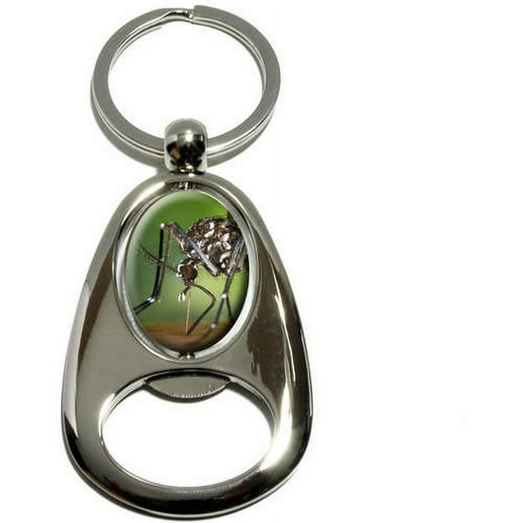 Asian Tiger Mosquito Bug, Chrome Plated Metal Spinning Oval Design Bottle Opener Keychain Key Ring