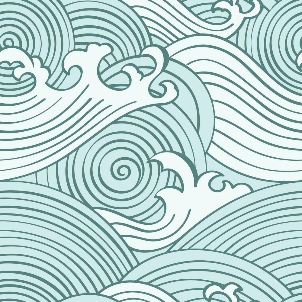 Teal and White Asian Waves Peel and Stick Wallpaper Roll