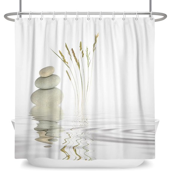 Asian Zen Stone Shower Curtain Spa Pebble Grass Reflection in Water Simple Japanese Bathroom Decor for Meditation 72x84 Inch Waterproof Fabric with Hooks