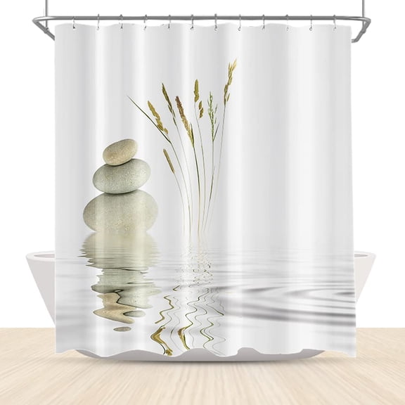 Asian Zen Stone Shower Curtain Spa Pebble Grass Reflection in Water Simple 72x72 Inch