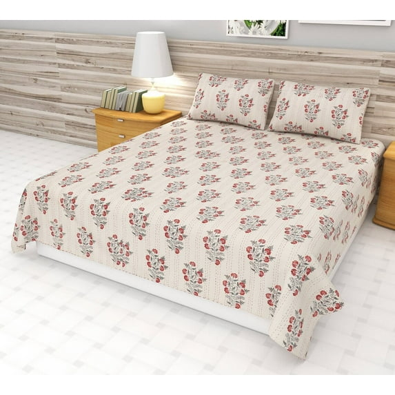 Asian design full size quilt for sale handmade Indian Block print bedding bedspread full size Kantha Quilted rose floral kantha Quilt