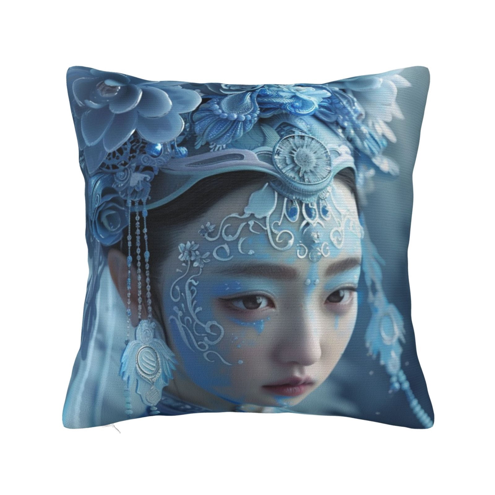 Asianinspired fantasy character in blue and Pillow cover decoration