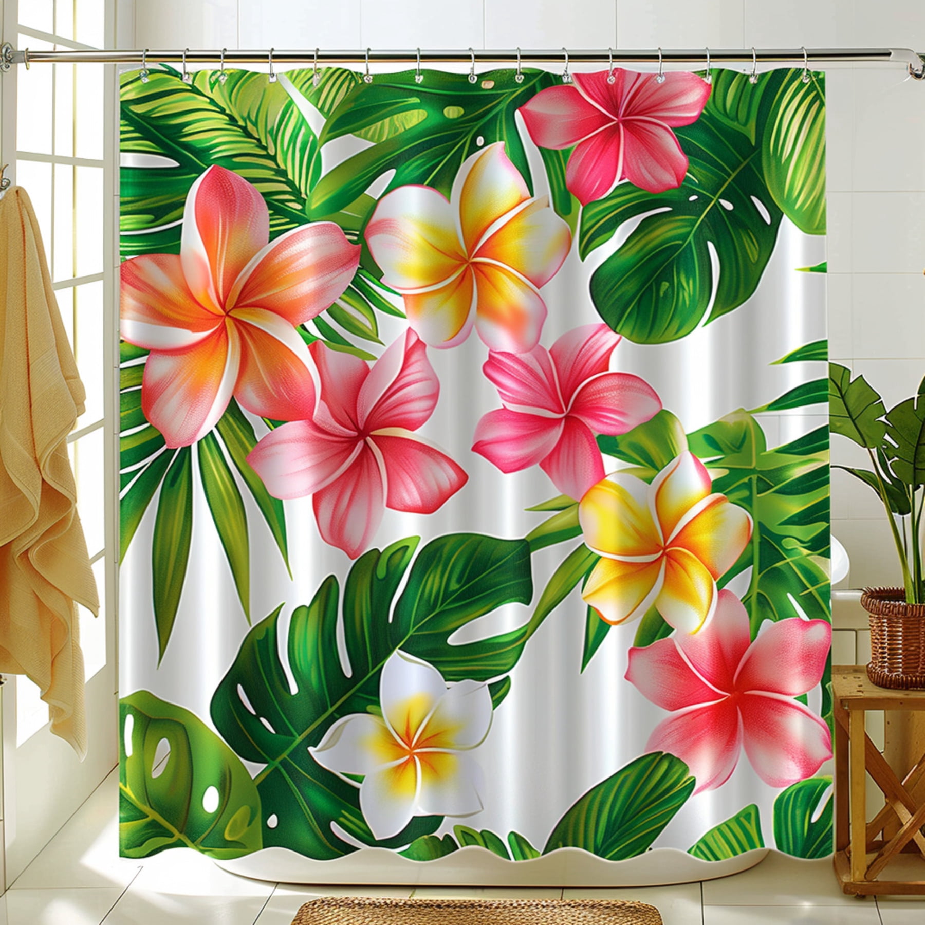 AsianInspired Tropical Flower Shower Curtain with Green Leaves and