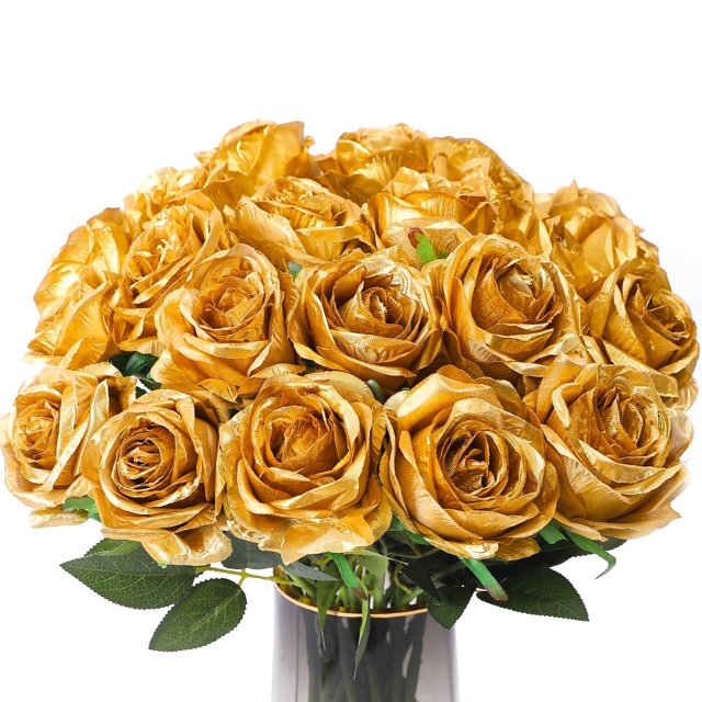 Asija Flowers 5pcs Artificial Gold Roses Silk Roses Real Touch Party