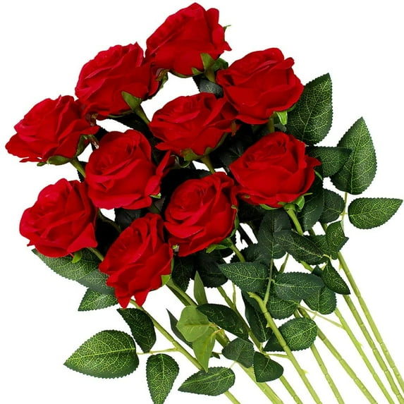 Asisol 10PCS Artificial Flowers Silk Roses Real Touch Bridal Wedding Bouquet for Home Garden Party Floral Wedding Valentine's Day Decor (Red)