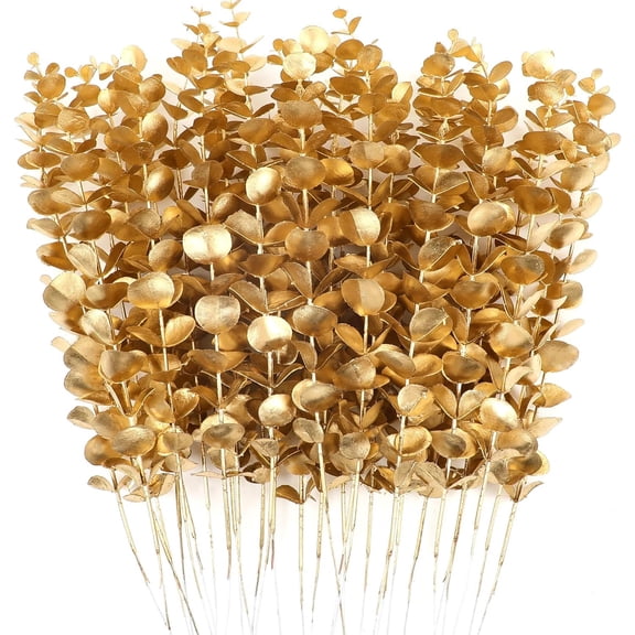 Asisol 20 Pieces Gold Artificial Eucalyptus Stems, Gold Leaves Artificial Flowers Fall Floral Arrangement Artificial Eucalyptus Flower for Gold Decor Wedding Party Bouquet Home Décor