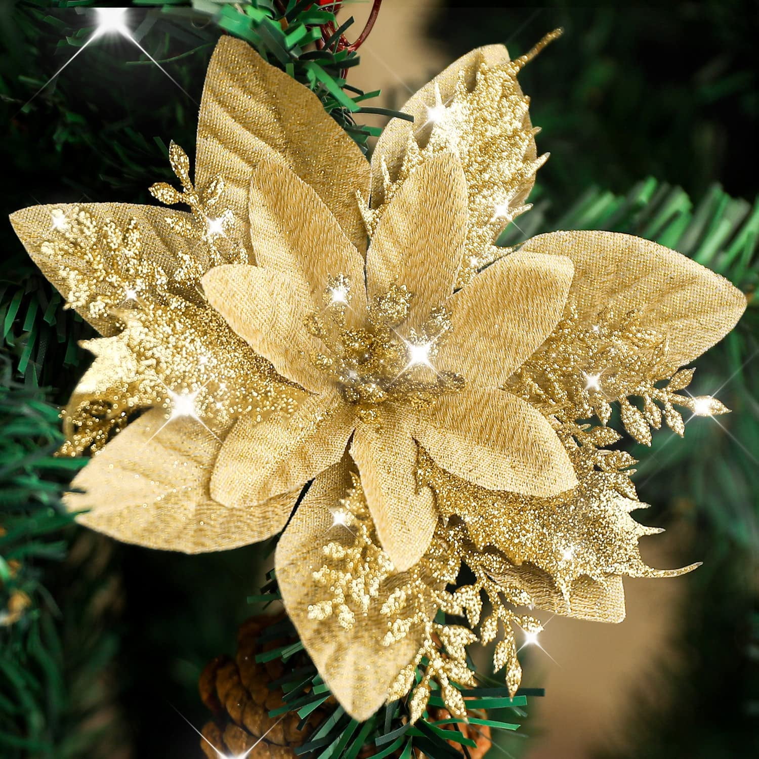 Asisol 20PCS Glitter Christmas Flowers Artificial Silk Poinsettia Flower  Christmas Tree Flower Decorations Xmas Tree Ornaments (Gold) - Walmart  Business Supplies, image size:1500x1500