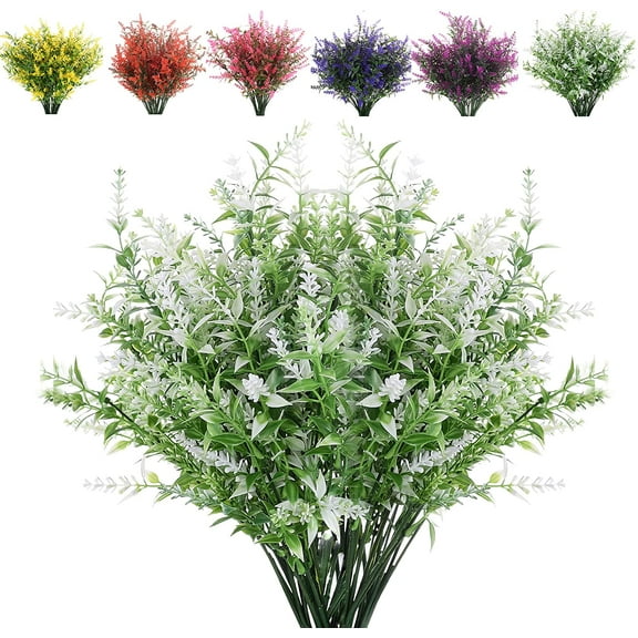Asisol 8 Bundles Artificial Lavender Outdoor Plants UV Resistant Fake Flowers No Fade Plastic Greenery Plants Decor（White）
