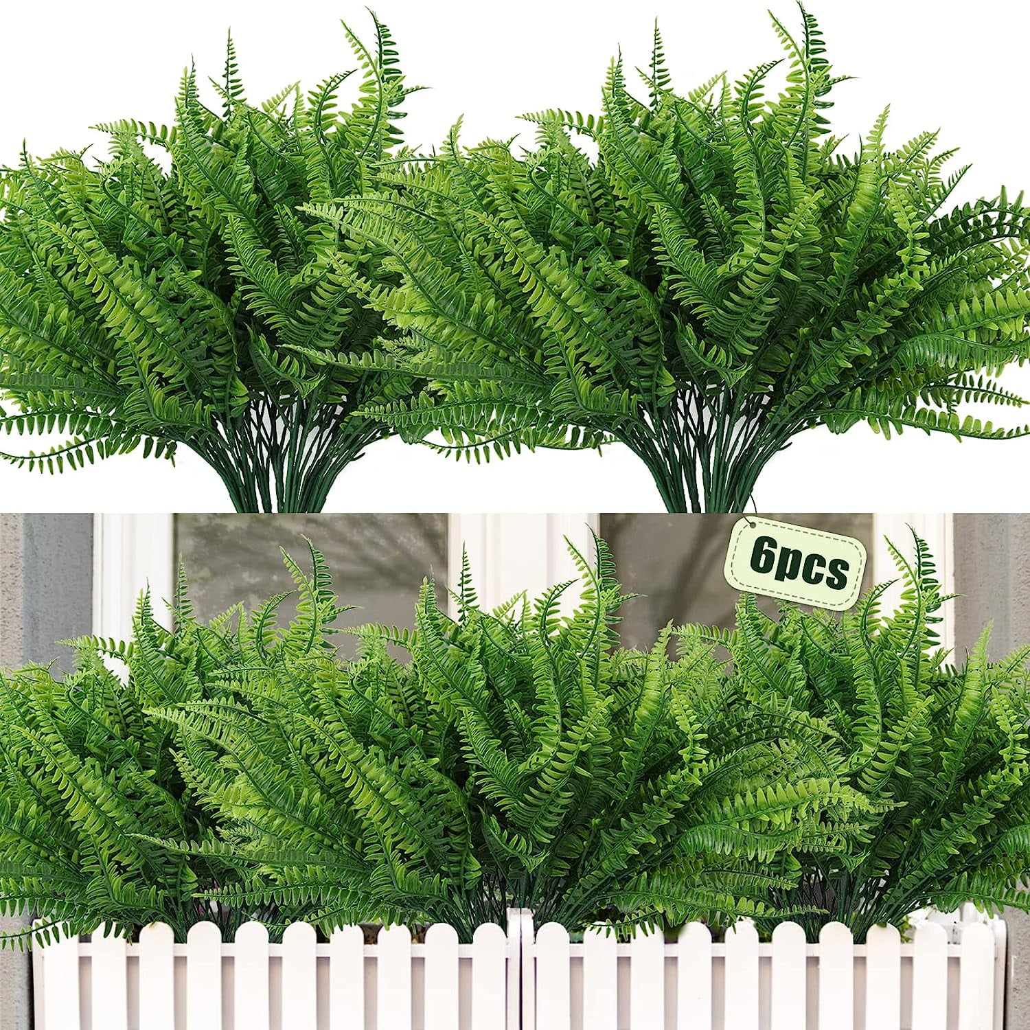 Asisol 8Pcs Artificial Boston Fern Plants Outdoor UV Resistant Artificial Shrubs Greenery Fake Leaves Plants Bushes Office Porch Garden Outdoor Decor (Green)
