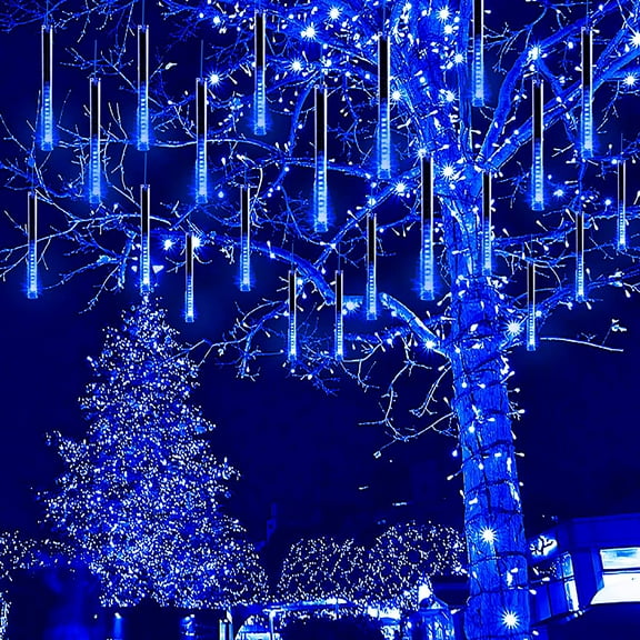 Asisol Christmas Lights Outdoor, Meteor Shower Lights Falling Rain Lights 12 inch 8 Tube 192 LED Snow Falling Icicle Lights for Xmas Tree Wedding Party Decoration Blue